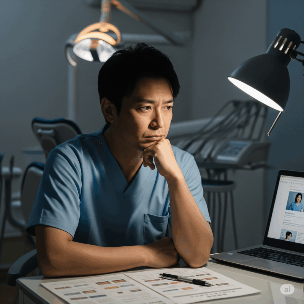 40代男性の歯科医師が人間関係やキャリアプランで悩んでいる様子