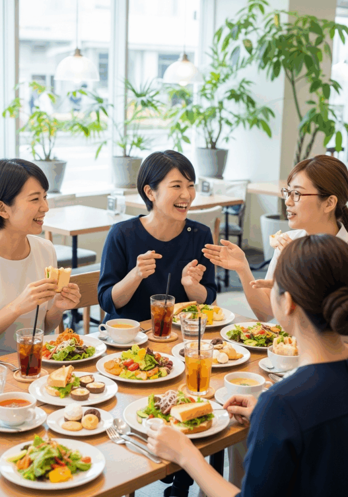 友人とランチを楽しんでいる看護師{width=
