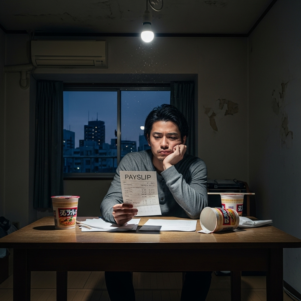 薄暗いアパートの部屋で給与明細を眺めながら悩む28歳男性写真 日本人