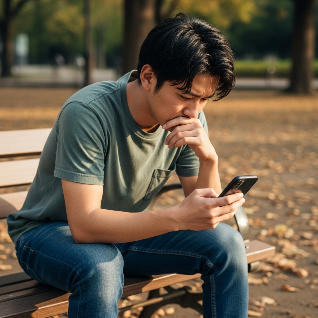 就活でスマホを見ながら悩む28歳フリーター男性写真 日本人