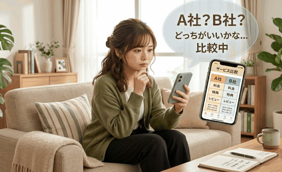比較検討している女性のイラスト