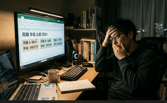 パソコンの前で頭を抱えて将来の不安に悩むフリーランスエンジニア