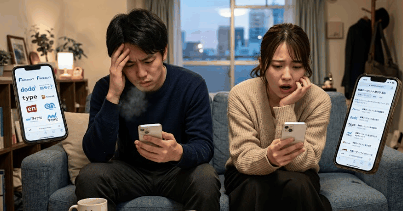転職エージェント選びに悩み、スマホを見つめてため息をつく20代男女のイラスト