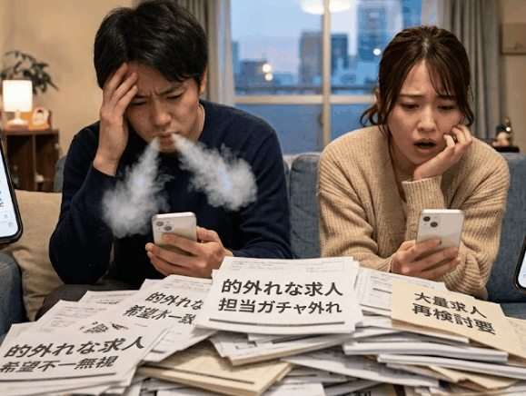 担当ガチャに外れて山積みになった的外れな求人票に頭を抱える若者のイラスト