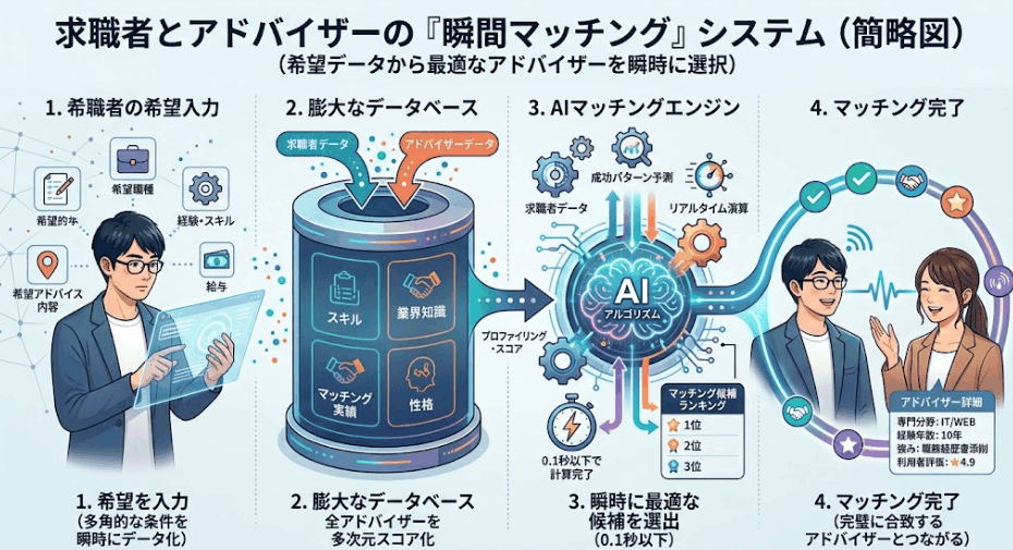 膨大なデータベースから求職者の希望に合致するアドバイザーを瞬時にマッチングする仕組みのインフォグラフィック")