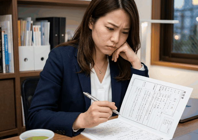 真剣な表情で履歴書を見直す様子