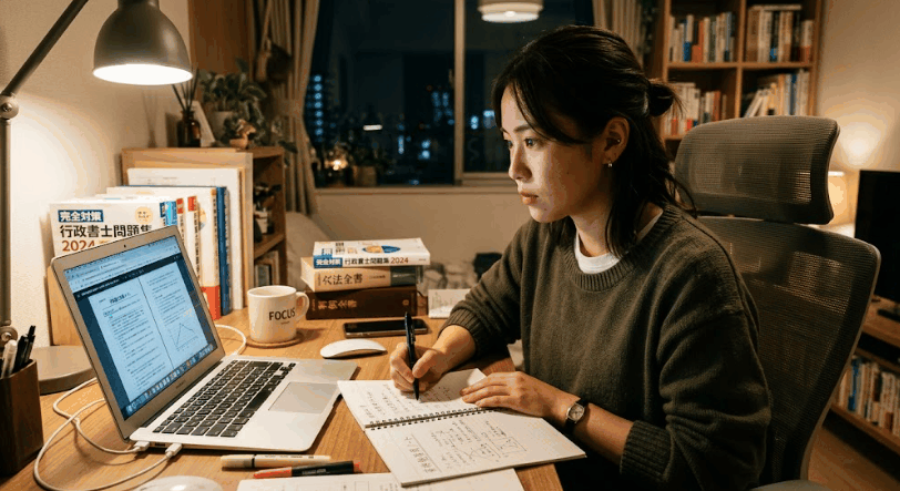 真剣な表情でパソコンに向かい、資格の勉強をしている女性