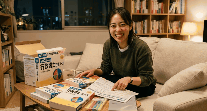 届いたばかりの教材セットを前に、やる気に満ちた表情の女性