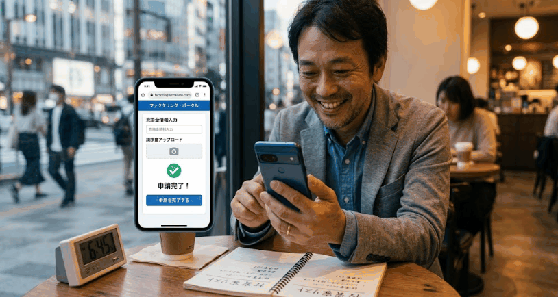 外出先からスマートフォンで簡単にファクタリングの手続きをする様子