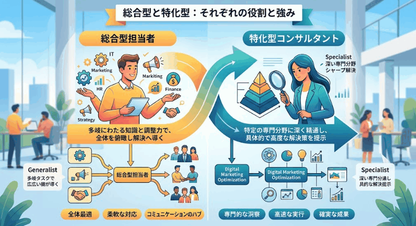 総合型担当者と特化型コンサルタントの対比イラスト