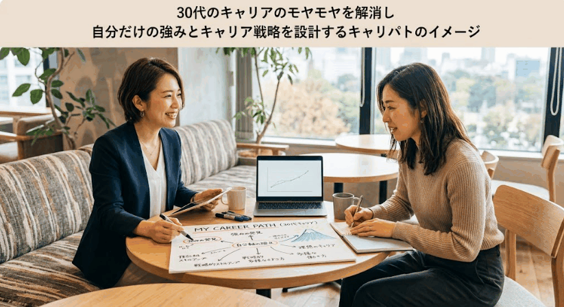 「30代のキャリアのモヤモヤを解消し自分だけの強みとキャリア戦略を設計するキャリパトのイメージ」