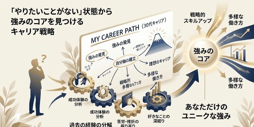 「やりたいことがない状態から過去の経験を分解して強みのコアを見つけるキャリア戦略の図解」