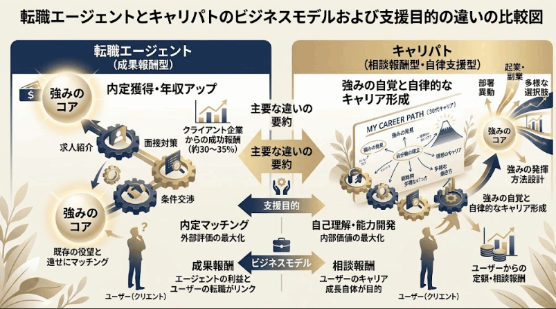転職エージェントとキャリパトのビジネスモデルおよび支援目的の違いの比較図