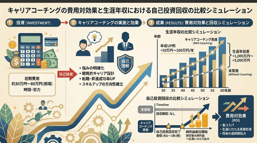 キャリアコーチングの費用対効果と生涯年収における自己投資回収の比較シミュレーション」