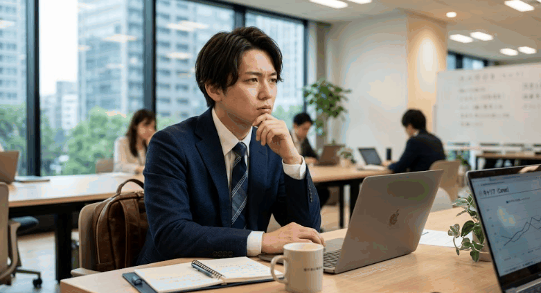 PCの前でキャリアの進路に悩む20代の若手ビジネスパーソンの写真
