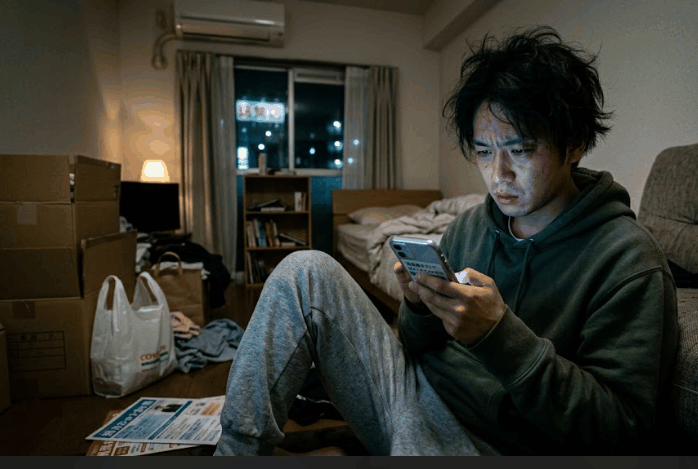 将来の年収格差や雇用不安に悩み夜の部屋でスマホを見つめる20代フリーター
