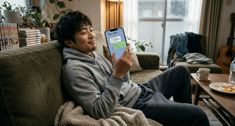 スマホのLINEアプリを使って退職代行の担当者に気軽に相談している男性