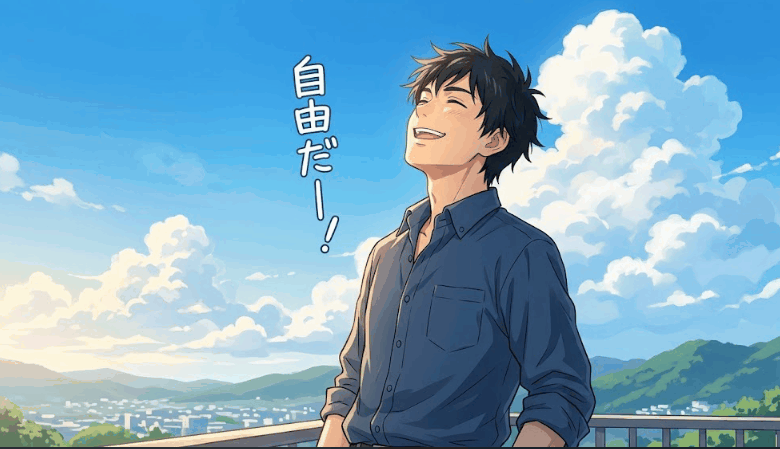 重圧から解放され晴れやかな笑顔で青空を見上げる20代男性のイラスト