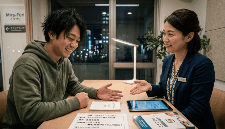 就職アドバイザーに疑問や不安を解消してもらい安堵の笑顔を浮かべる20代求職者