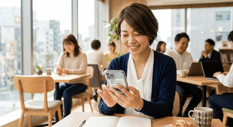 スマホで転職サイトに登録して明るい表情の女性
