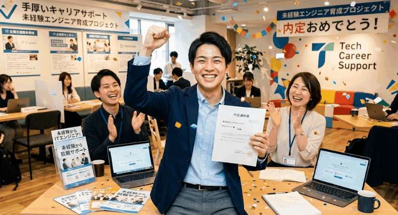 [手厚いサポートを受けて未経験からITエンジニア内定を獲得しガッツポーズする20代]