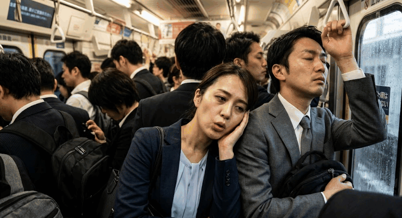 満員電車に揺られて疲弊し、ため息をつく20代30代のビジネスパーソンのイラスト